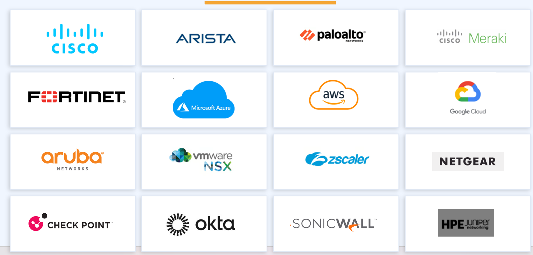 Cisco, Arista, Palo Alto, Cisco Meraki, Fortinet, Microsoft Azure, AWS, Google Cloud, Aruba Networks, VMware NSX, Zscaler, NETGEAR, Check Point, Okta, SonicWall, HPE Juniper